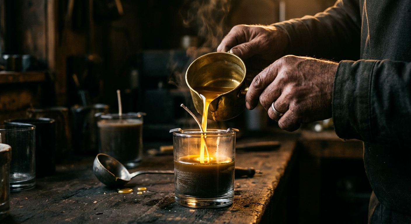 Artisan hands pouring molten wax in the Vallums atelier