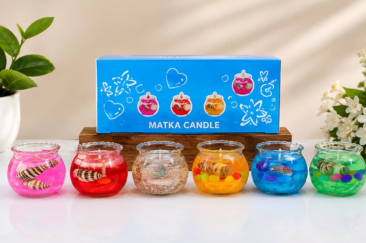 Colourful Vallums gel pots with botanicals suspended in crystal gel