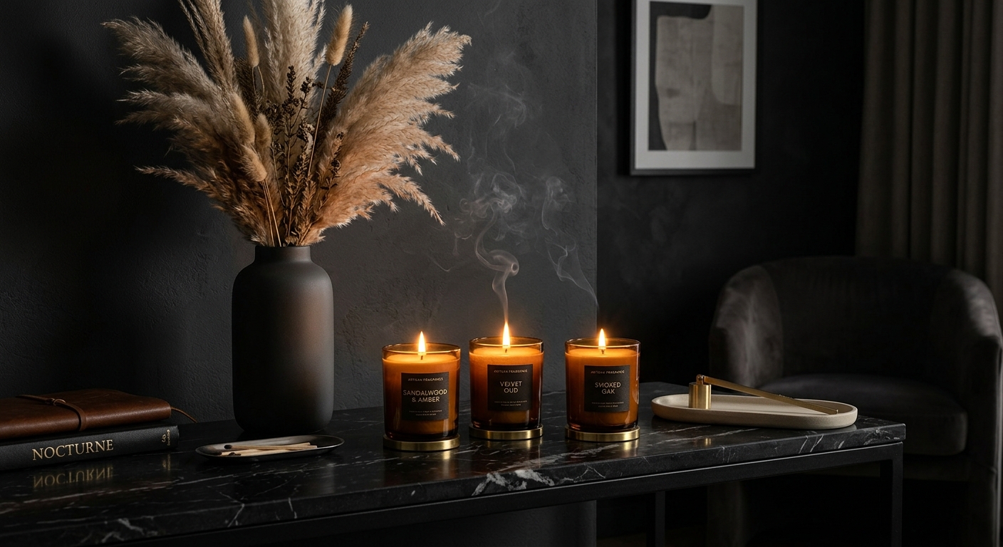Vallums candles glowing in a dark luxury interior